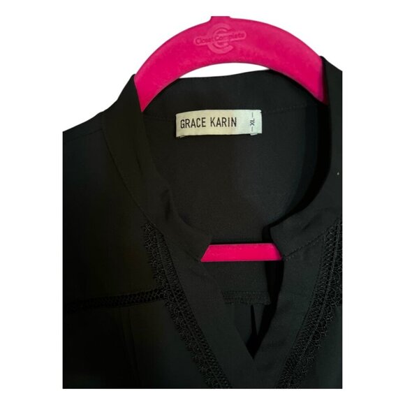 Grace Karin Women's Short Puff Sleeve Black Button Down V Neck Pleated Shirt XL - Picture 12 of 13